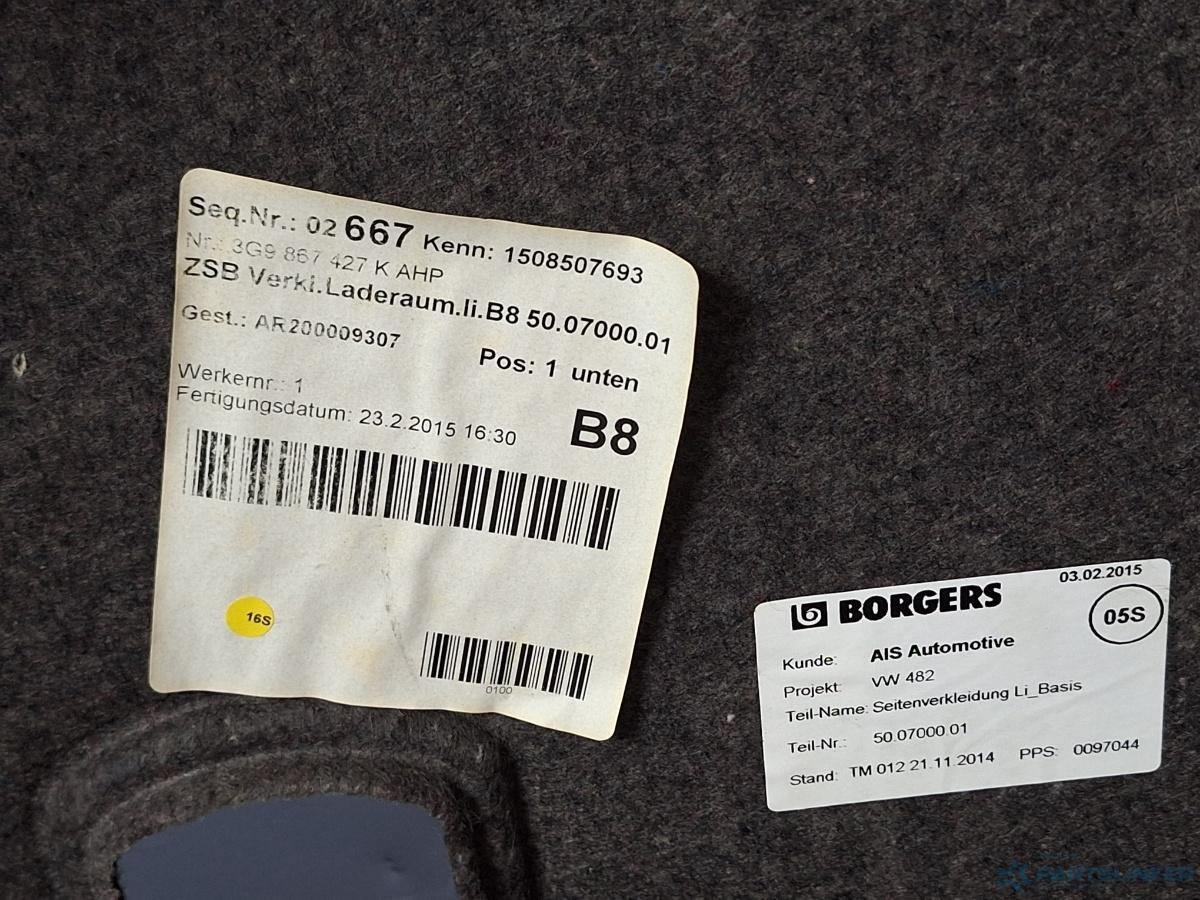 Mocheta laterala portbagaj stanga VOLKSWAGEN PASSAT Variant (3G5) [ 2014 - > ] TDI (CRLB, DBGA, DFGA) 110KW|150HP OEM 3G9867427K