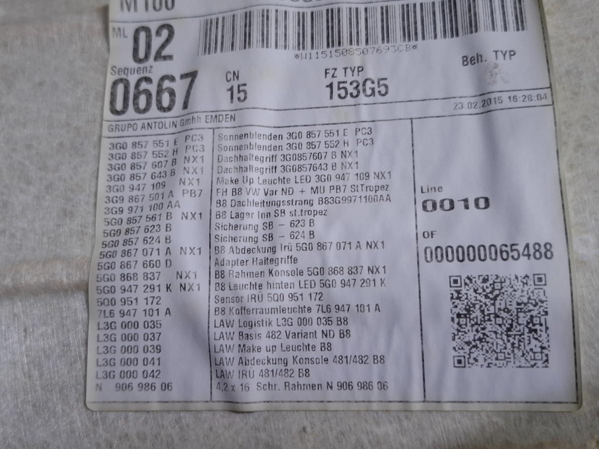 Capitonaj plafon VOLKSWAGEN PASSAT Variant 3G5 2014 -> 2.0 TDI CRLB, DBGA, DFGA 3G9867501A